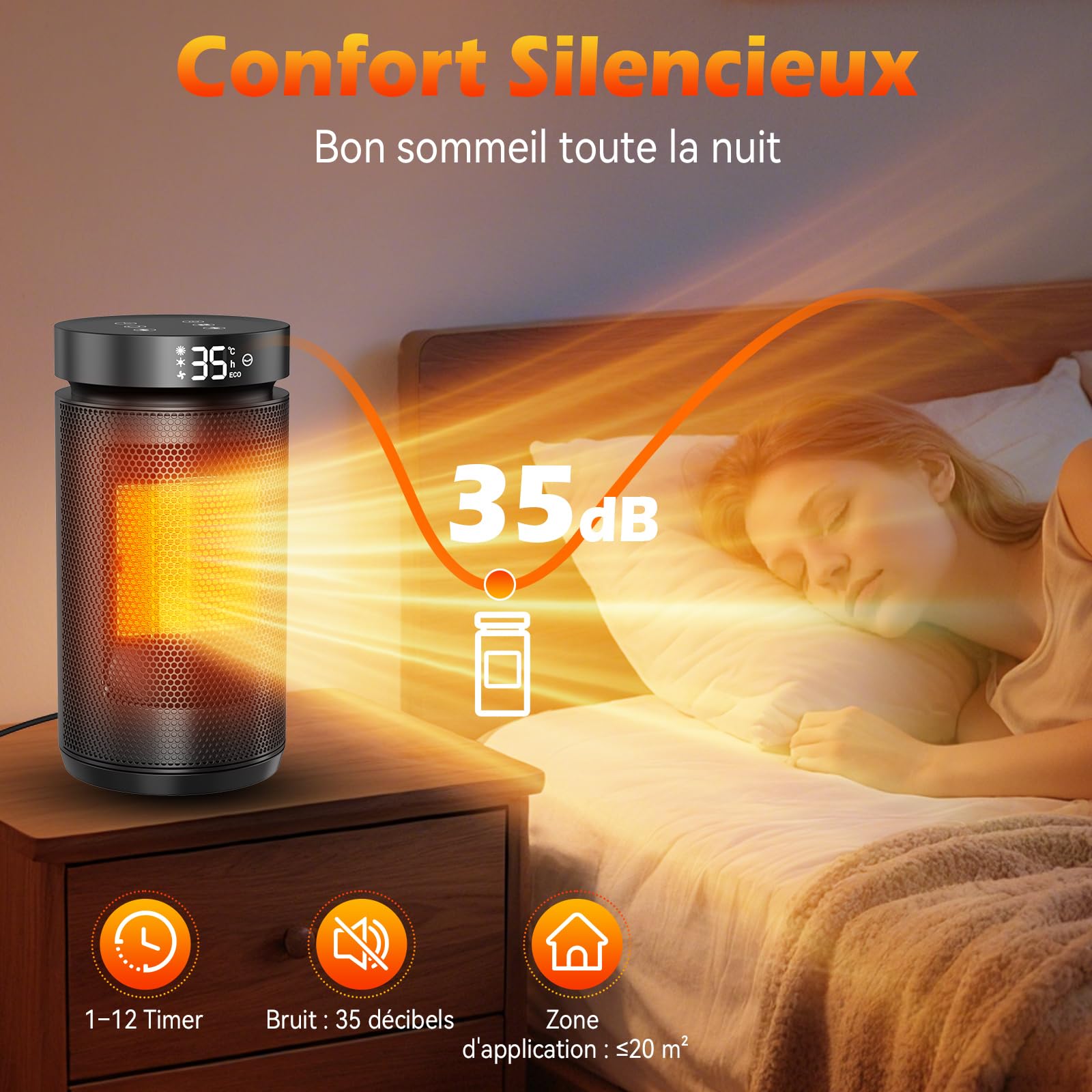Chauffage d'appoint, Chauffage Electrique Puissant 1500W avec modes éco et Oscillation 70° - Thermostat, minuterie 1-12H, léger et silencieux, sécurité d'arrêt automatique, Chauffage Soufflant
