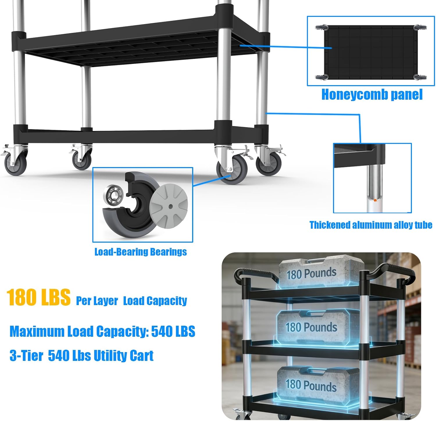3-Tier Rolling Utility Cart - 4 Anti-Tangle Lockable Quiet Casters, 540LB Large Capacity, Commercial Service Cart for Restaurant/Office/Warehouse/Hotel/School, Black (40L x 19.5W x 37.8H in)