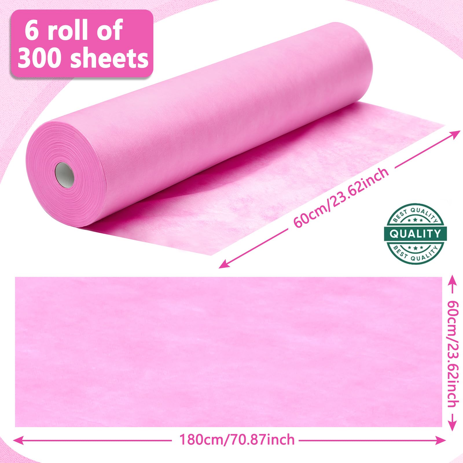 Tudomro 6 rollos de sábanas desechables no tejidas de 24 x 71 pulgadas, fundas de papel de tela no tejida, sábanas de masaje, impermeables, transpirables, para salón de belleza, hoteles (blanco y rosa