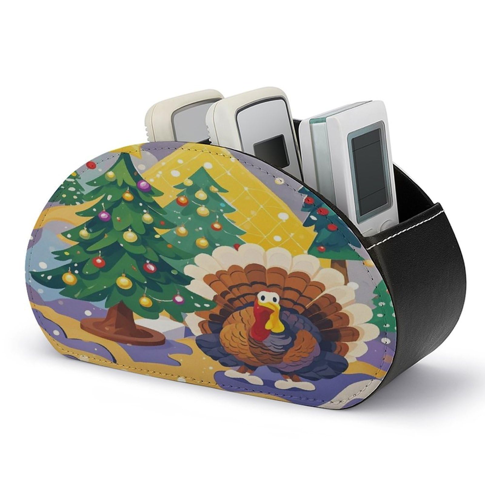 FekiLoot Christmas Turkey Remote Control Holder PU Leather Tabletop Organizer with 5 Compartments Storage Tray & Desktop Organizer for TV Remotes Glasses Pens