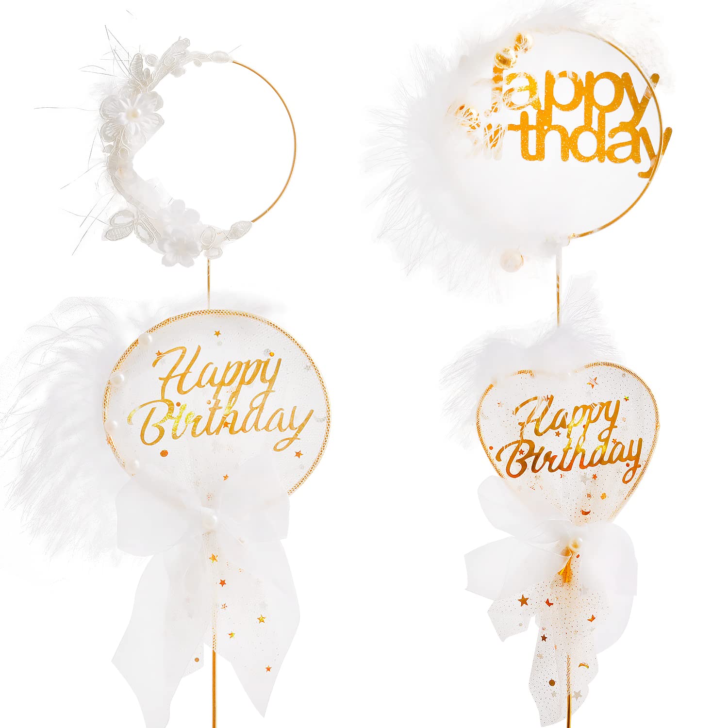 4 Pcs Feather Cake Toppers Iron Art Cake Topper Pearl Feather Design Dessert Decorations for Valentine Day Wedding Anniversary Proposal Photo Props Baking Decor Supplies