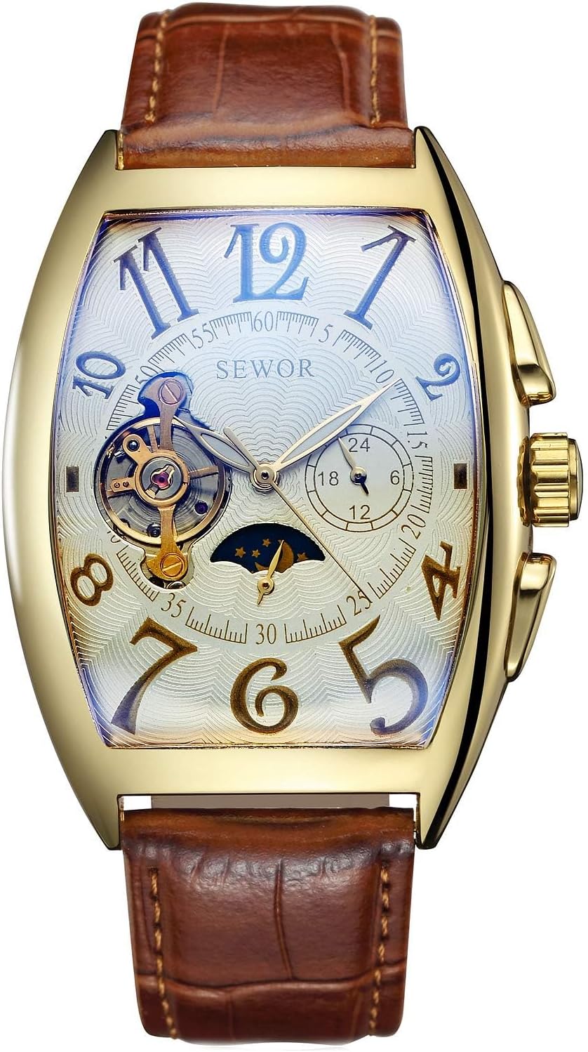 Mens Automatic Business Dress Tonneau Moon Phase Wrist Watch Mechanical Self Wind