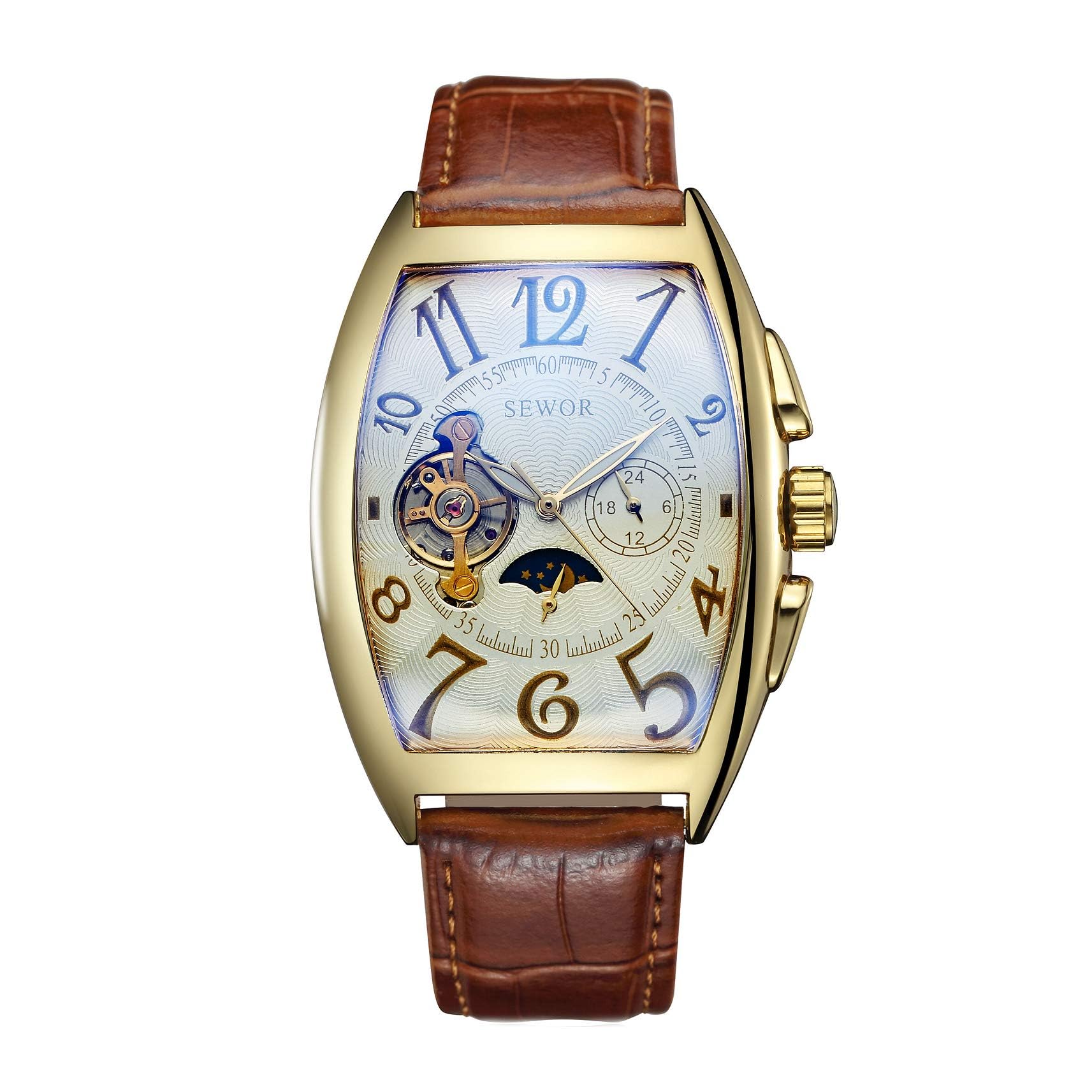 Mens Automatic Business Dress Tonneau Moon Phase Wrist Watch Mechanical Self Wind (Black)