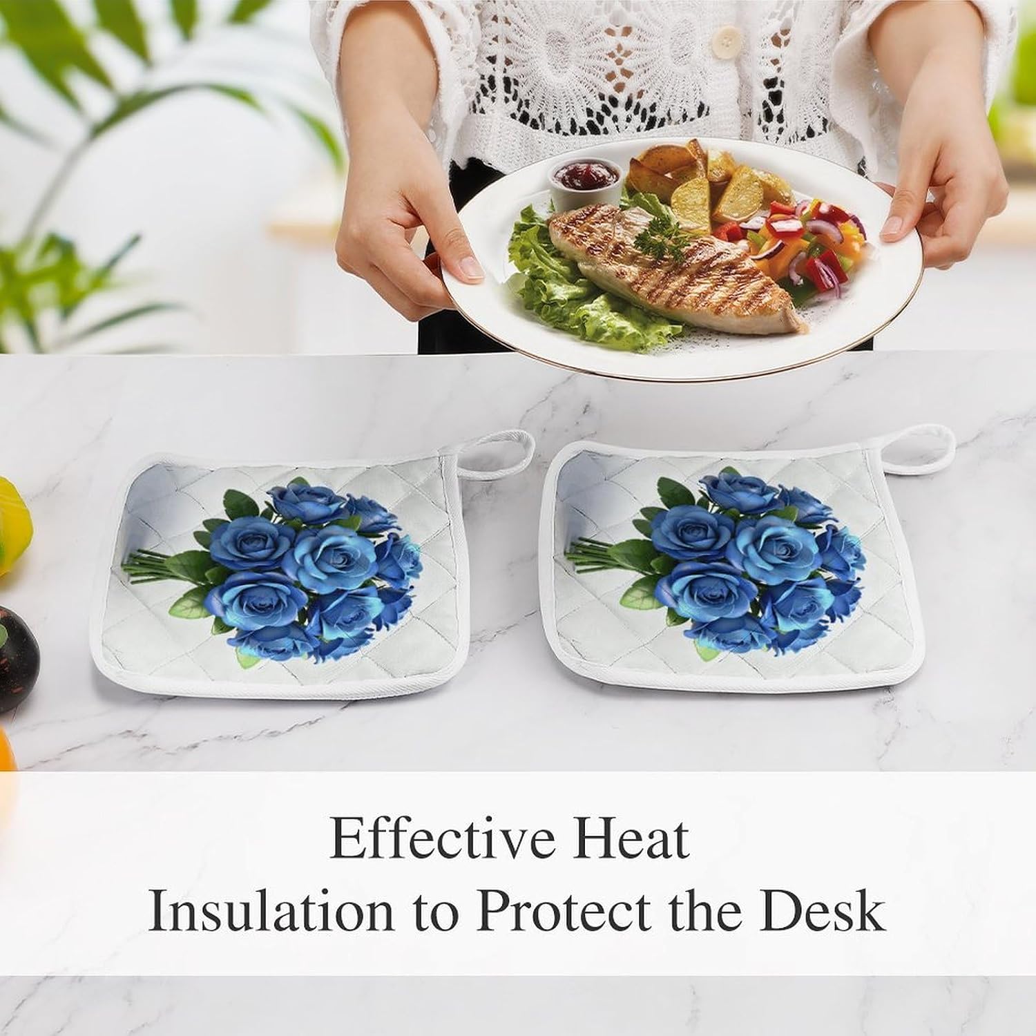 Gy-Blue Floral Polyester Heat Resistant Pot Pad Non Slip Anti Scald Hot Dish Mat Reusable Table Protector for Kitchen Hot Pot Mat Wear Resistant Heat Proof Table Pad for Countertop Dining Room