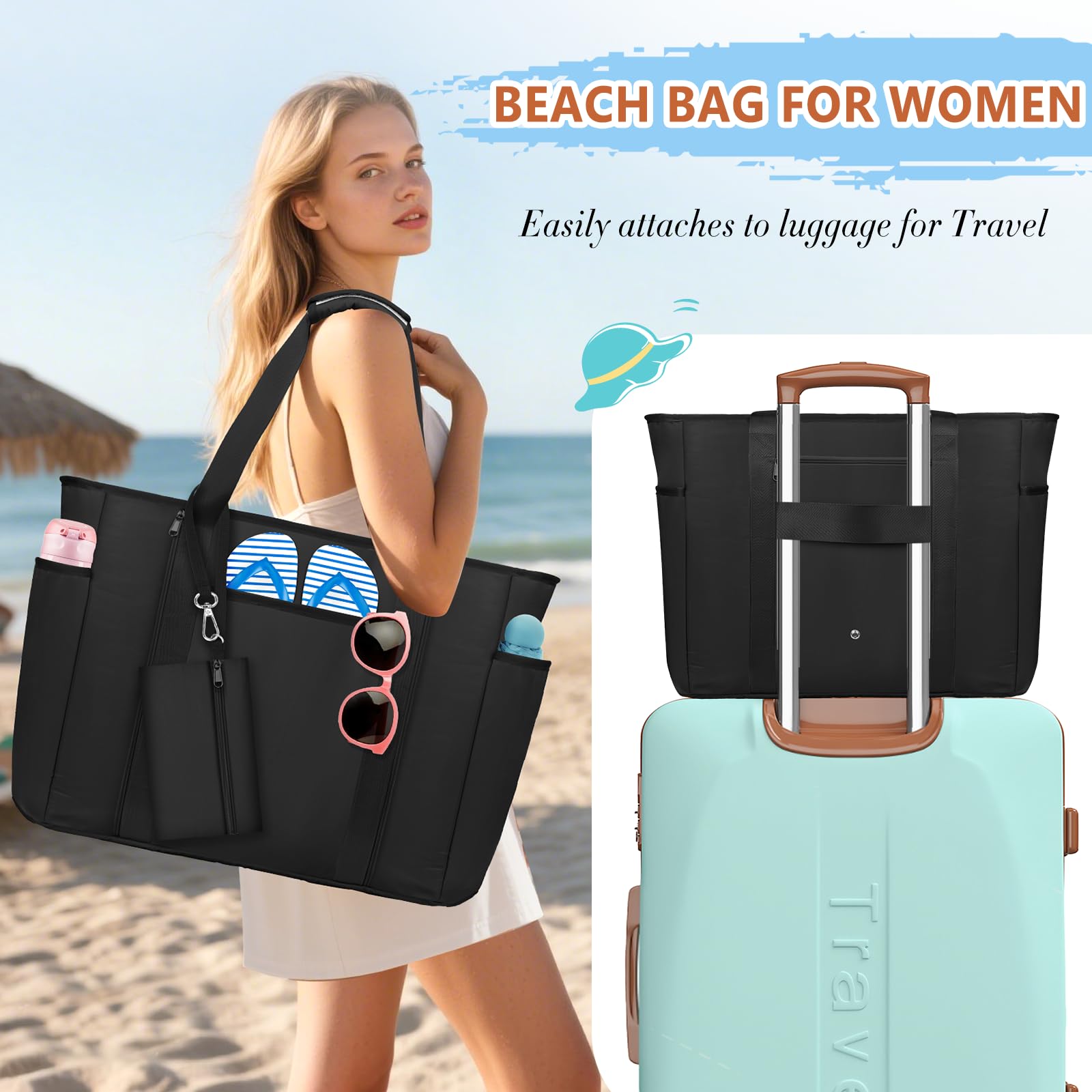 Grand Sac Plage Femme avec Fermeture Éclair XXL Famille 45L Sac de Plage Imperméable Sacs Caba Plage Pliable Beach Tote Bag pour Piscine Gym Vacance