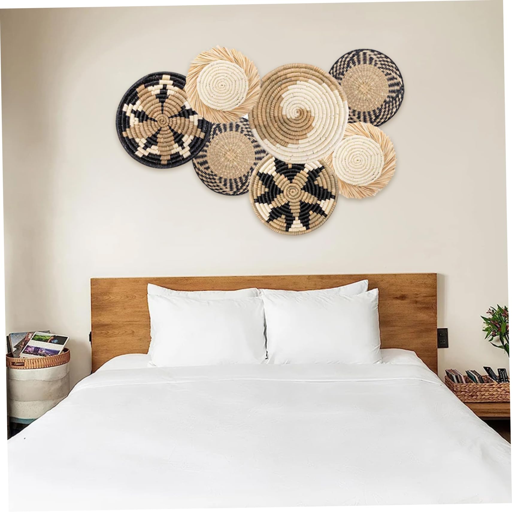 NASSMOSSE Wallkorbdekoration Set, 7pcs gewebte Korbkörbe von Weiden, rustikales Bauernhaus Wanddekor, Schlafzimmer und Wohnzimmer Wandhängekörbe