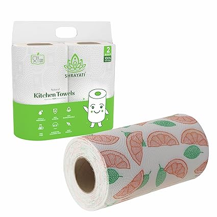 Shrayati Kitchen Soft Towel Paper Roll With 4 Ply & Orange Slice Embossed Design Ideal For Cleaning, Food Safe Pack Of 2 | Paper Towel Kitchen | Kitchen Tissues | Towels Roll | Tissue Roll