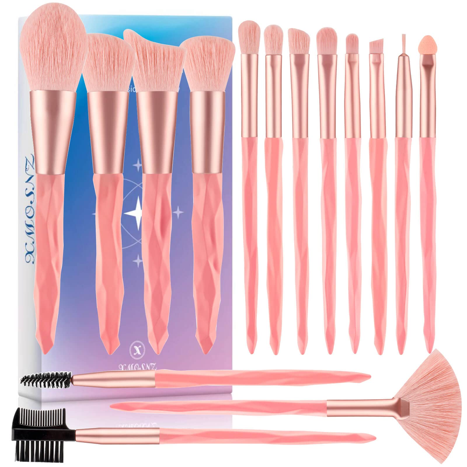 XMOSNZ15PCS Makeup Brushes Irregular Handle Makeup Brush Set Eyeshadow Brush Face Lip Eye Make Up Brush Sets with Gift Box (Pink)