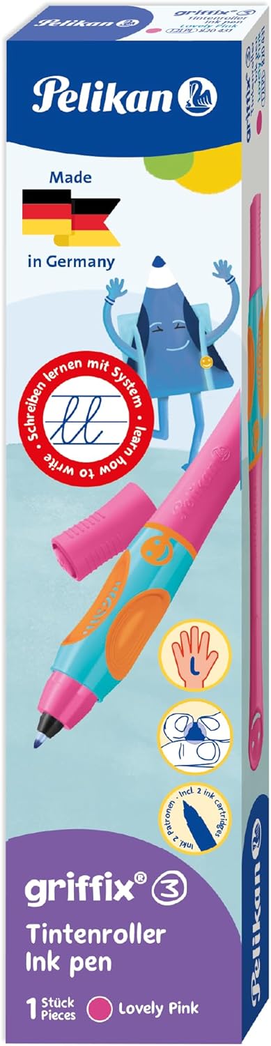Pelikan Griffix Left-Handed Ink Pen, Ergonomic Rollerball for Children, Refillable Blue Ink, Lovely Pink
