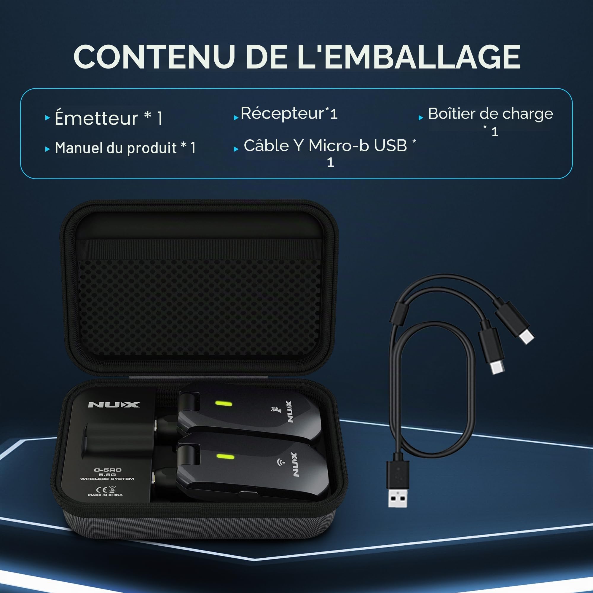 NU-X | C-5RC Kit de guitare sans fil rechargeable | Fréquence porteuse 5,8 GHz