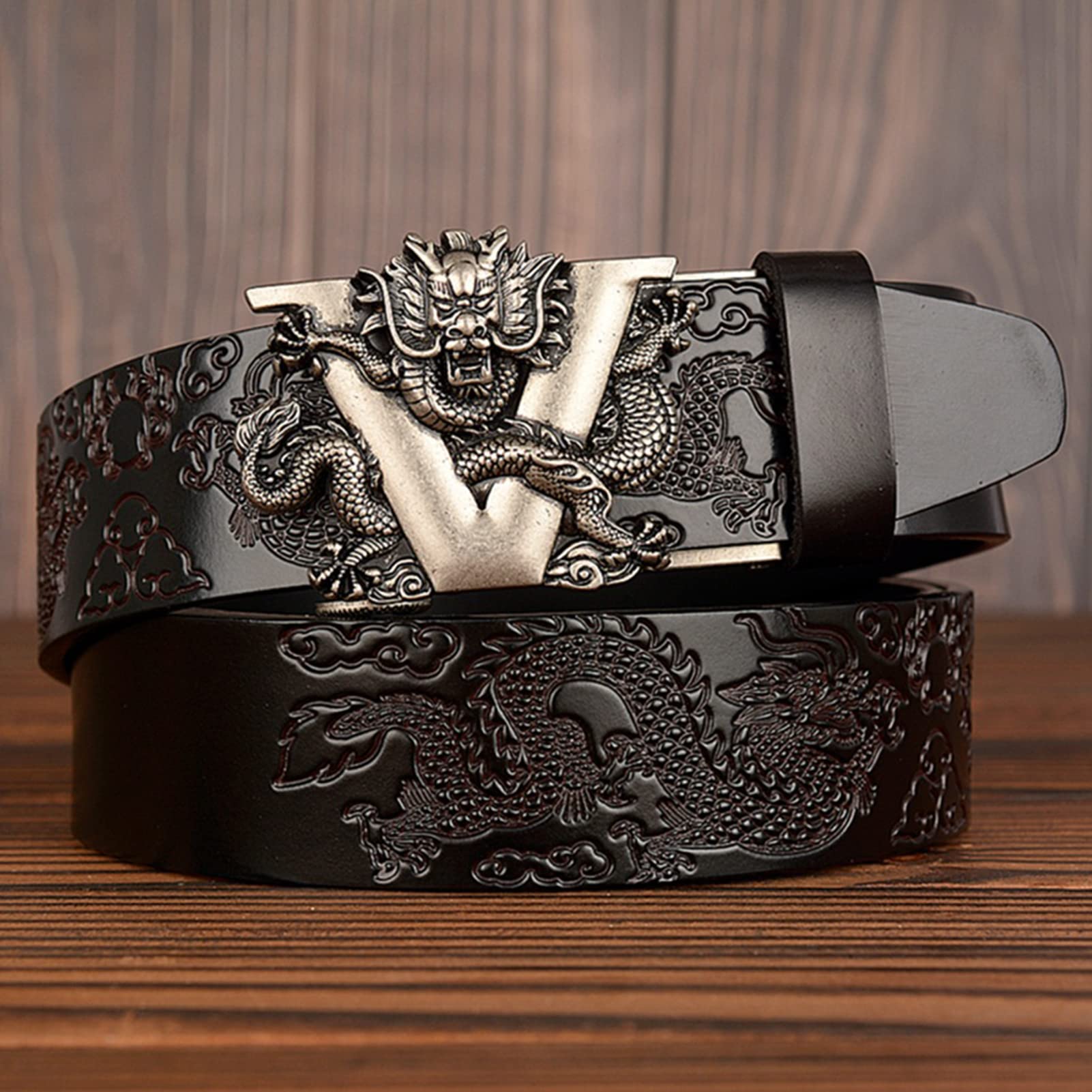 Vestido para hombre Jeans Cinturón Trinquete Automático Dragón deslizante Hebilla plateada Cuero en relieve Correas de cintura negras 1 3/8 "(35 mm)