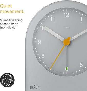 Braun Classic Analogue Alarm Clock with Snooze and Continuous Backlight, Quiet Quartz Movement, Crescendo Beep Alarm in Grey, Model BC22G