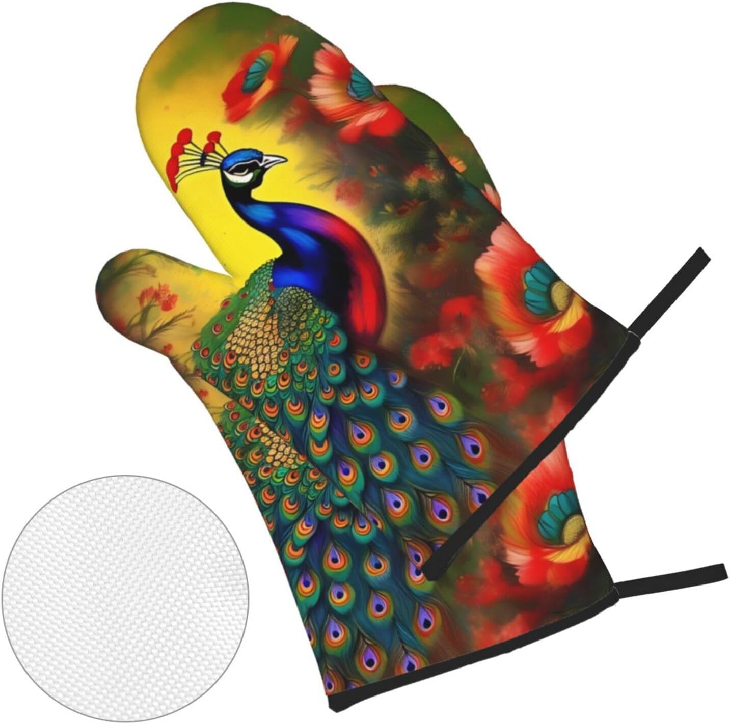 Peacock flowers Oven gloves and heat-resistant mat 4-piece set. Suitable for grilling, microwave oven frying, and baking