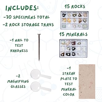 Toysmith STEM Rock & Mineral Science Kit for Kids – 30 Geology Specimens with Magnifying Viewer, Identification Guide & Testing Tools – Educational Toy for Young Geologists, Ages 8+