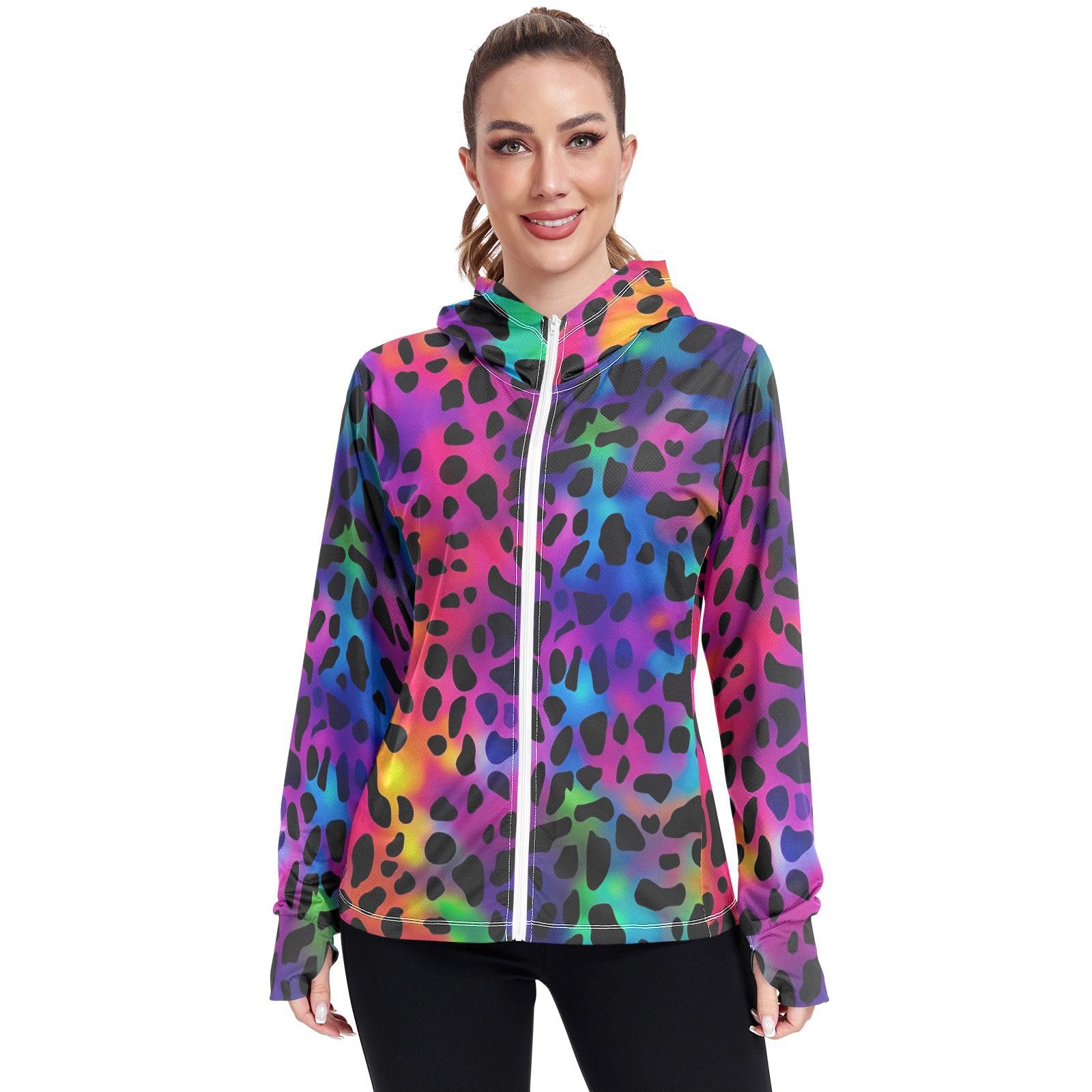 UMIRIKO Colorful Leopard Print Pattern Women's UPF 50+ Sun Protection Jacket Hoodie Rash Guard Shirt with Pockets M 202a3493