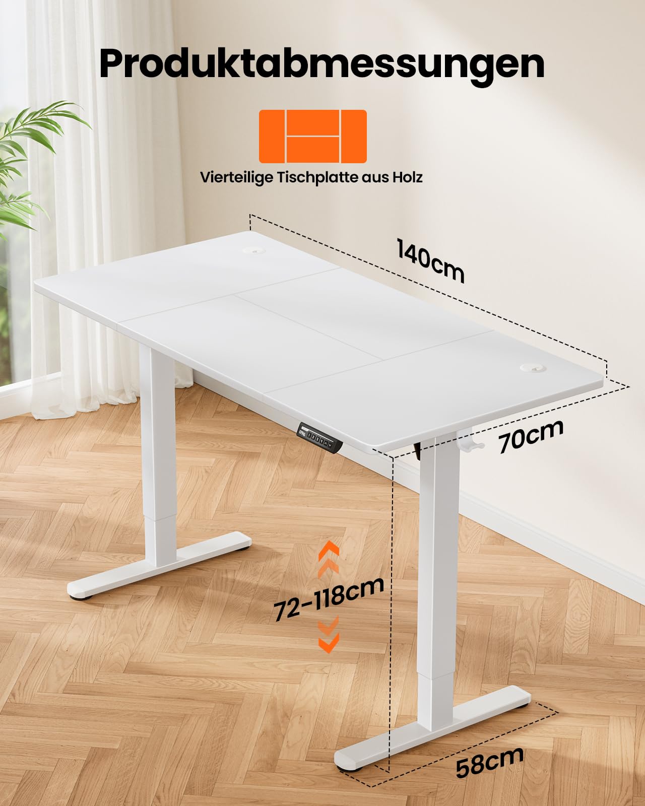 ErGear Elektrisch Höhenverstellbarer Schreibtisch 140x70 cm, 4 Memory-Funktion, Gaming Tisch mit Vierteilige Tischplatte
