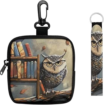 Wise Owl Print Small Change Purse Keychain, Forest Bookshelf Owl Birds Printed Tactical Compact Pouches Mini Utility Pouch Accessories Organizer
