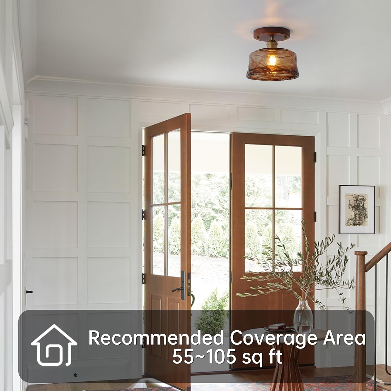 6.7'' Semi Flush Mount Ceiling Light,Mid-Century Modern Ceiling Light Fixture,Brown Glass Lampshade Vintage Hallway Lights Fixtures,Wood Base Flush Mount Ceilings Lights for Bedroom【No Bulb Included】