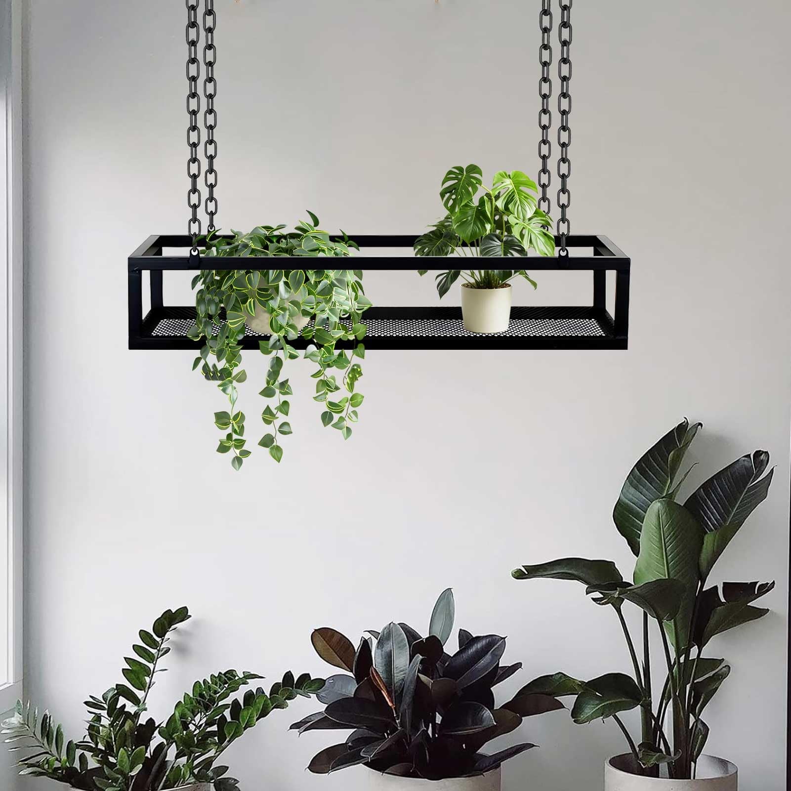 Support flottant pour plantes succulentes avec base en grille, étagère métallique aérienne 140x20 cm