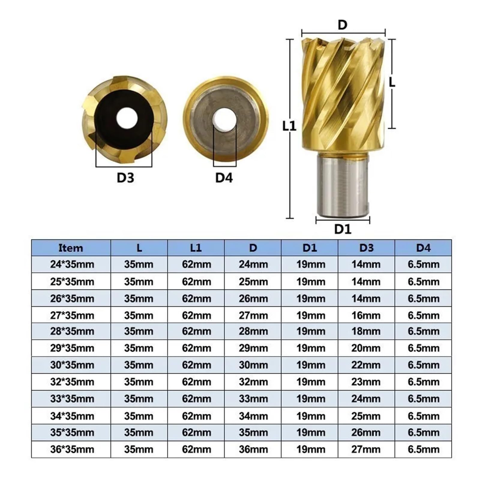 Punta da trapano anulare HSS con gambo cavo rivestito in TiN, apri fori for taglio metalli da 6-60 mm(Titanium Coated,44x35mm)