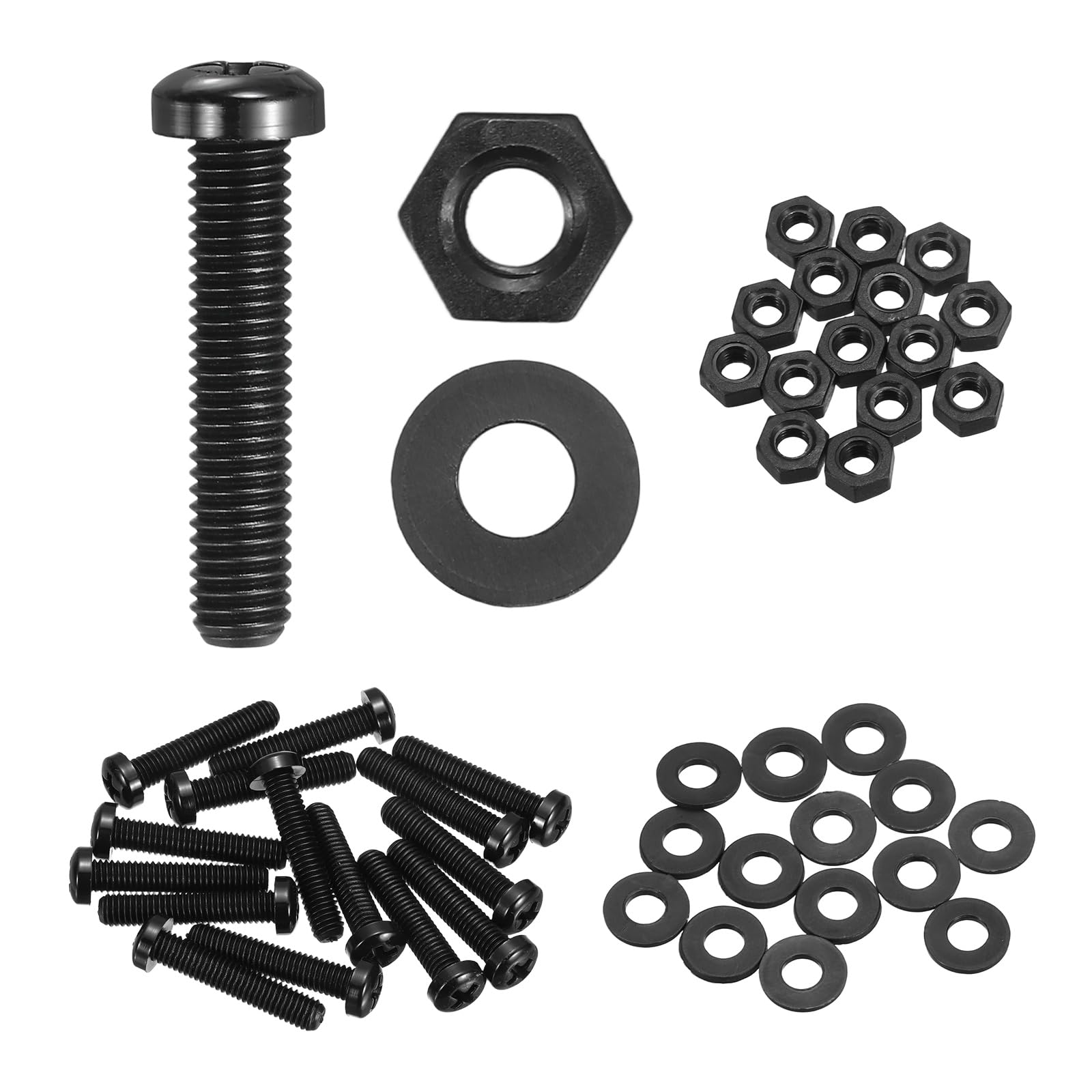 sourcing map 15 Set M6x30mm Nylon PA66 Plastic Cross Round Head Screw Phillips Bolts Hex Nuts Flat Washers Assortment Kit, Metric Full Thread Bolt Fasteners for DIY Machine Assembly, Black — image 1