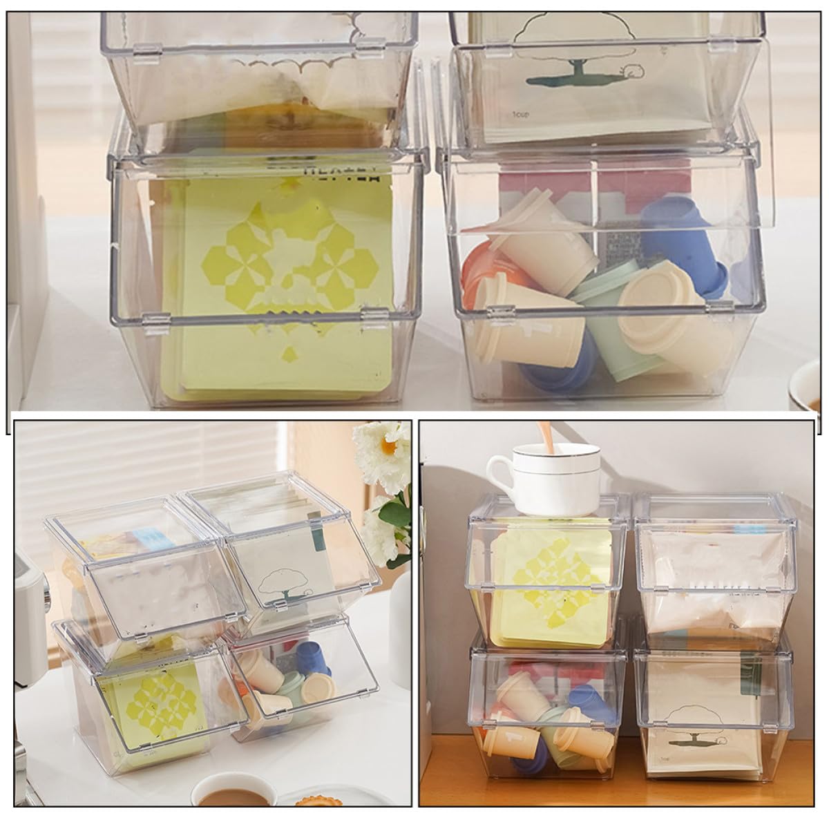 LALAFINA Caja de Almacenamiento para Bolsitas de Té Acrílico Transparente Tapa, Organizador de Sobremesa Apilable 4 Piezas, Soporte para Sobres de Café y Azúcar, Adecuado para Oficina