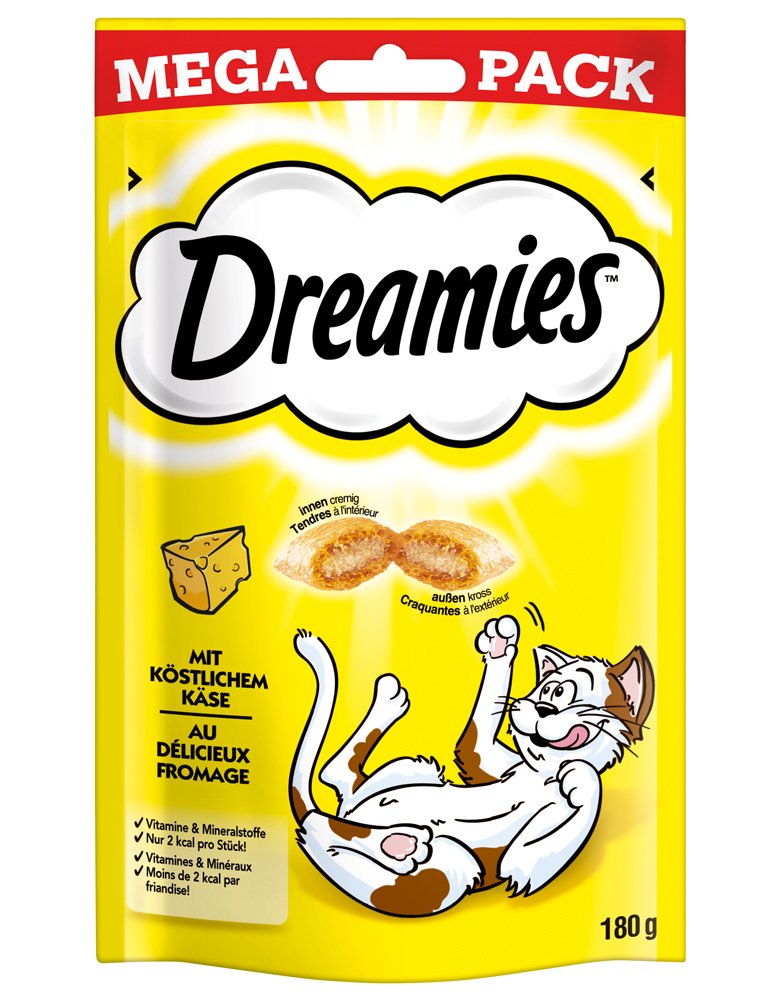 Dreamies Klassiker Katzensnacks - Katzenleckerli con knuspriger Textura y cremoso Relleno - 4 x 180 g