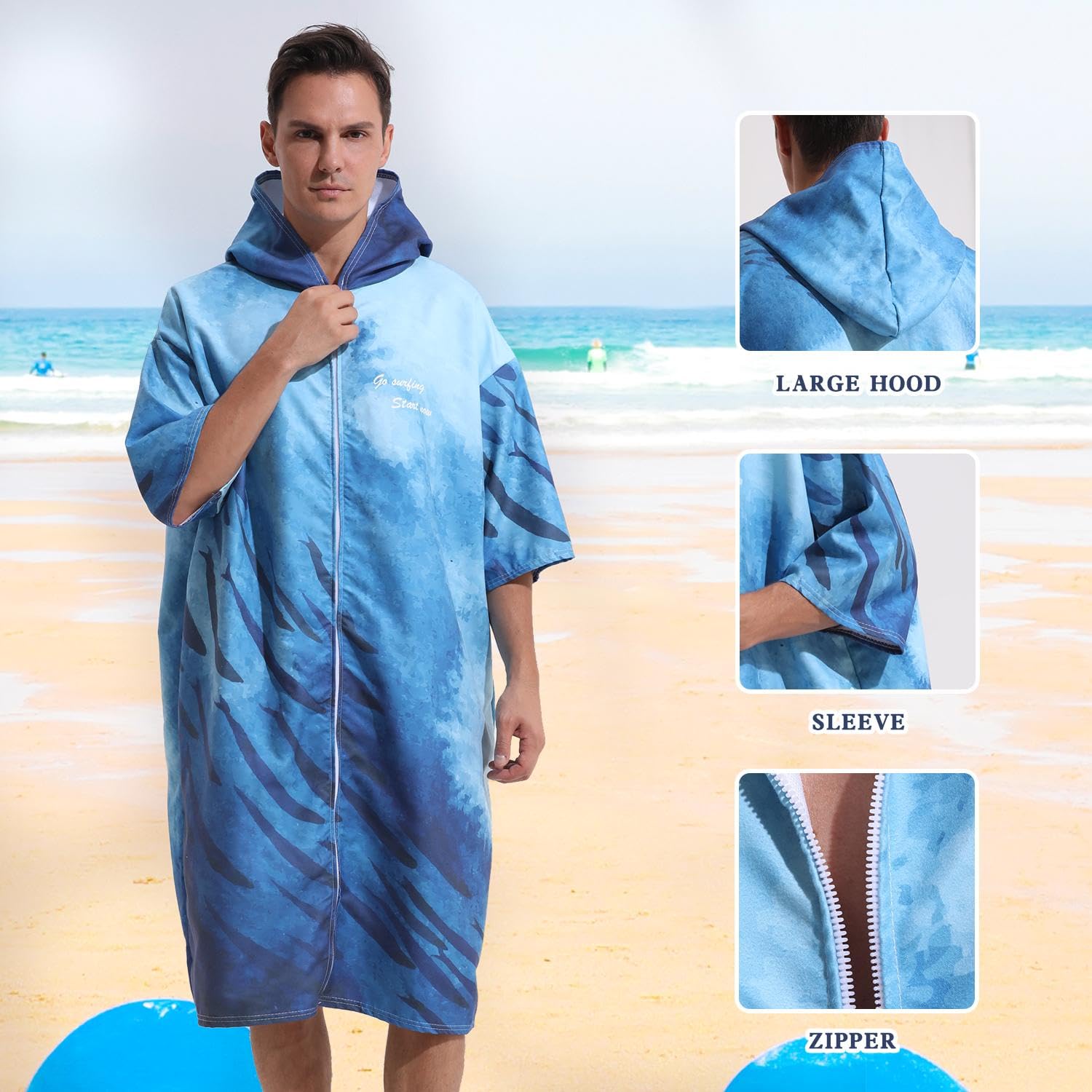 Poncho Surf ad Asciugatura Rapida, Asciugamano da Spiaggia, Poncho Surf Microfibra Cappuccio per Adulti Asciugamano per Cambio Asciugamano per Accappatoio Coperta Poncho,Blue-110 * 80CM