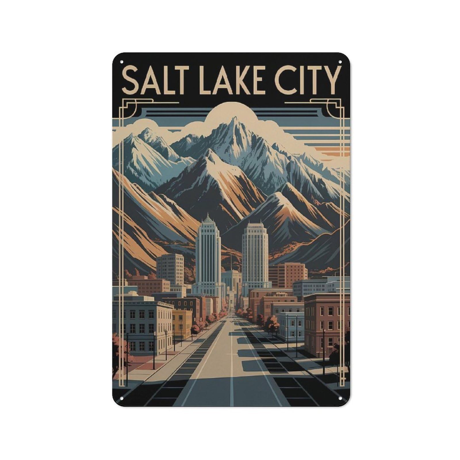Junmoney Style-14 Salt Lake City Art Deco Retro Tin Wall Plaque 30X20cm For Hobby Room Or Studio, For Garage, Workshop And Man Cave Decoration