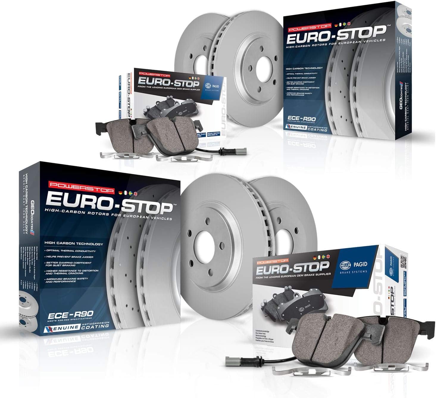 Power Stop ESK7501 Euro-Stop Front and Rear Brake Kit- Coated Brake Rotors & Ceramic Brake Pads For Volkswagen Passat 2015-2020 [Model Specific]