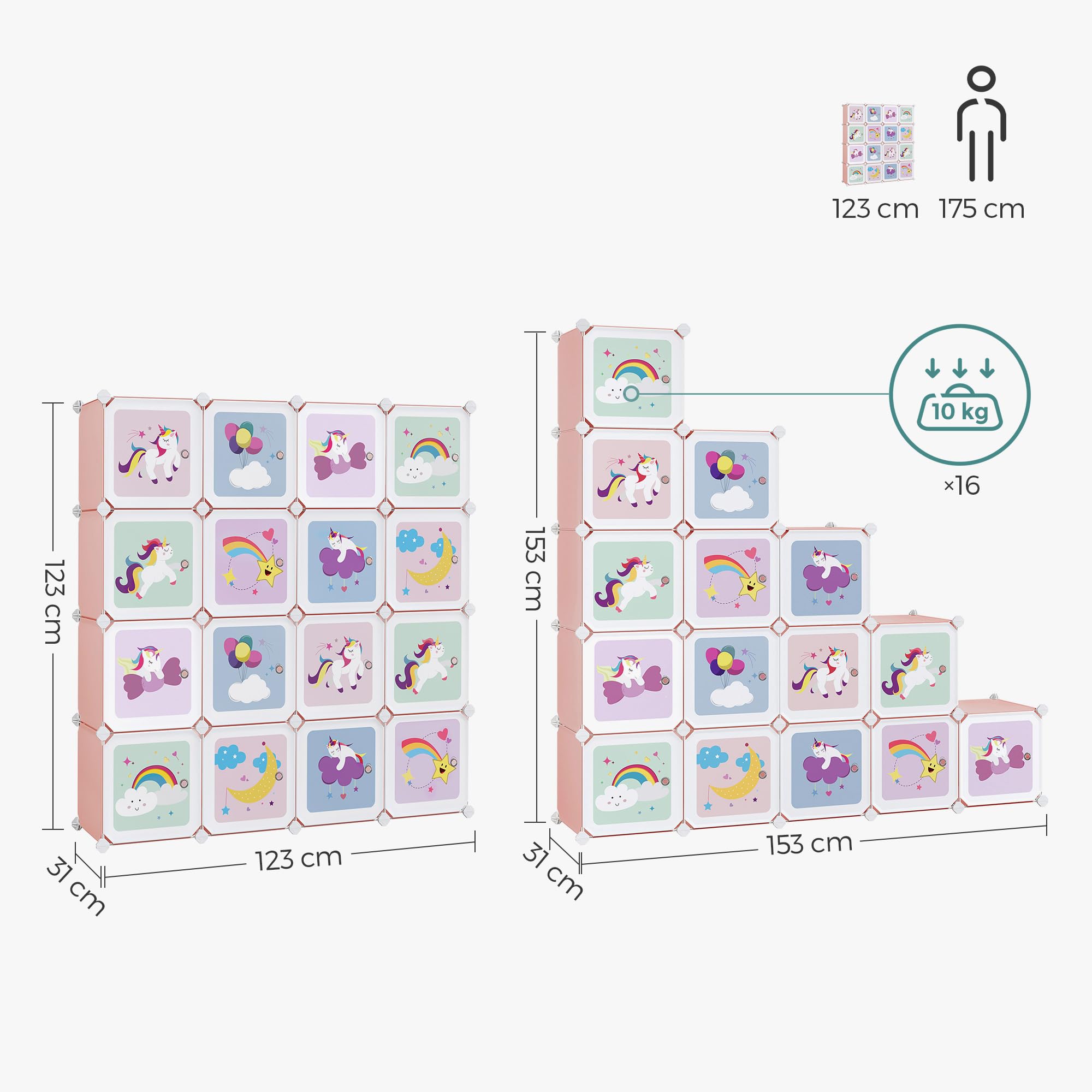 SONGMICS Armario Modular Infantil 16 Cubos, Organizador Plástico con Puertas, 123x31x123 cm, Rosa
