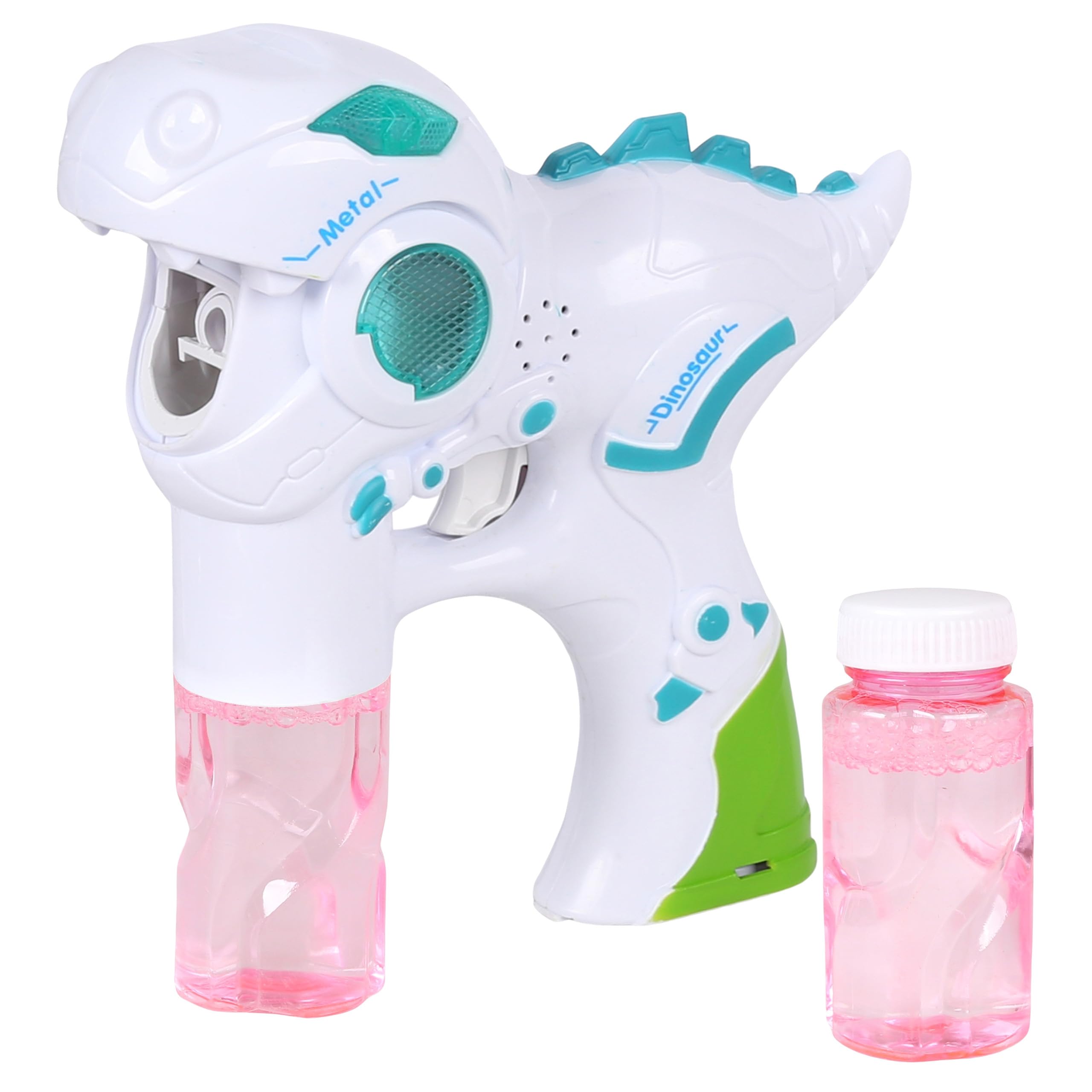 Dinosaur Bubble Gun with LED and Sound, Includes 2 Bottles of Liquid (Universal, White)