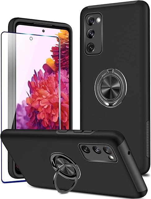 KRAFTCARE for Samsung S20 FE Case with Kickstand Ring and Screen Protector, Shockproof and Anti Scratch 360° Magnetic Ring Holder Stand Phone Cover for Samsung Galaxy S20 FE - Black