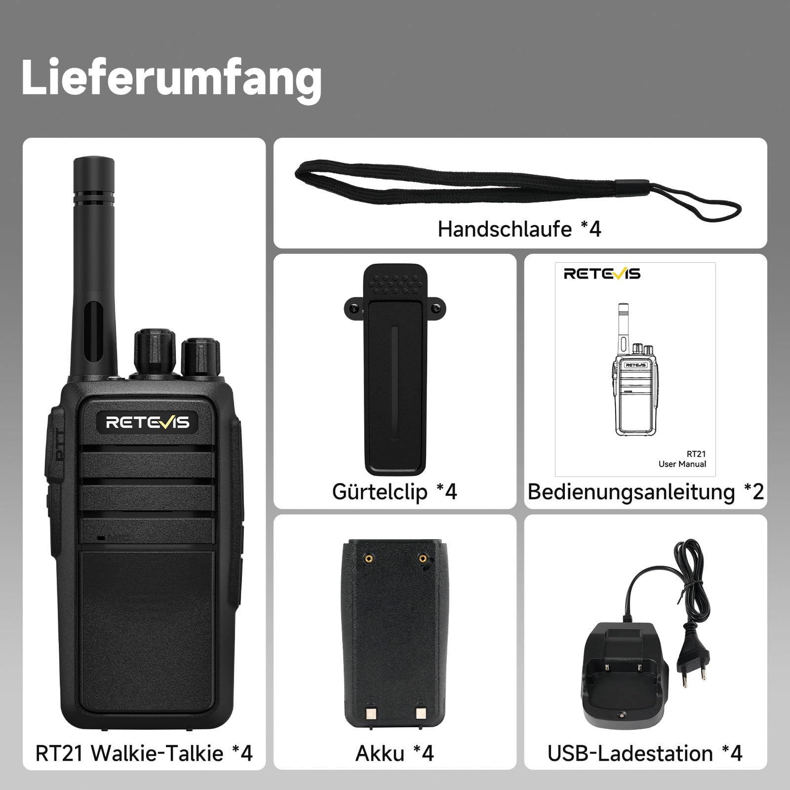 Retevis RT21 Handheld-Walkie-Talkies-Radio 16CH Wiederaufladbare 2-Wege-Fernverbindung mit CTCSS/DCS VOX für die Planungssicherheit des Airsoft-Wanderfestivals, Rettung(4 Stück Schwarz)