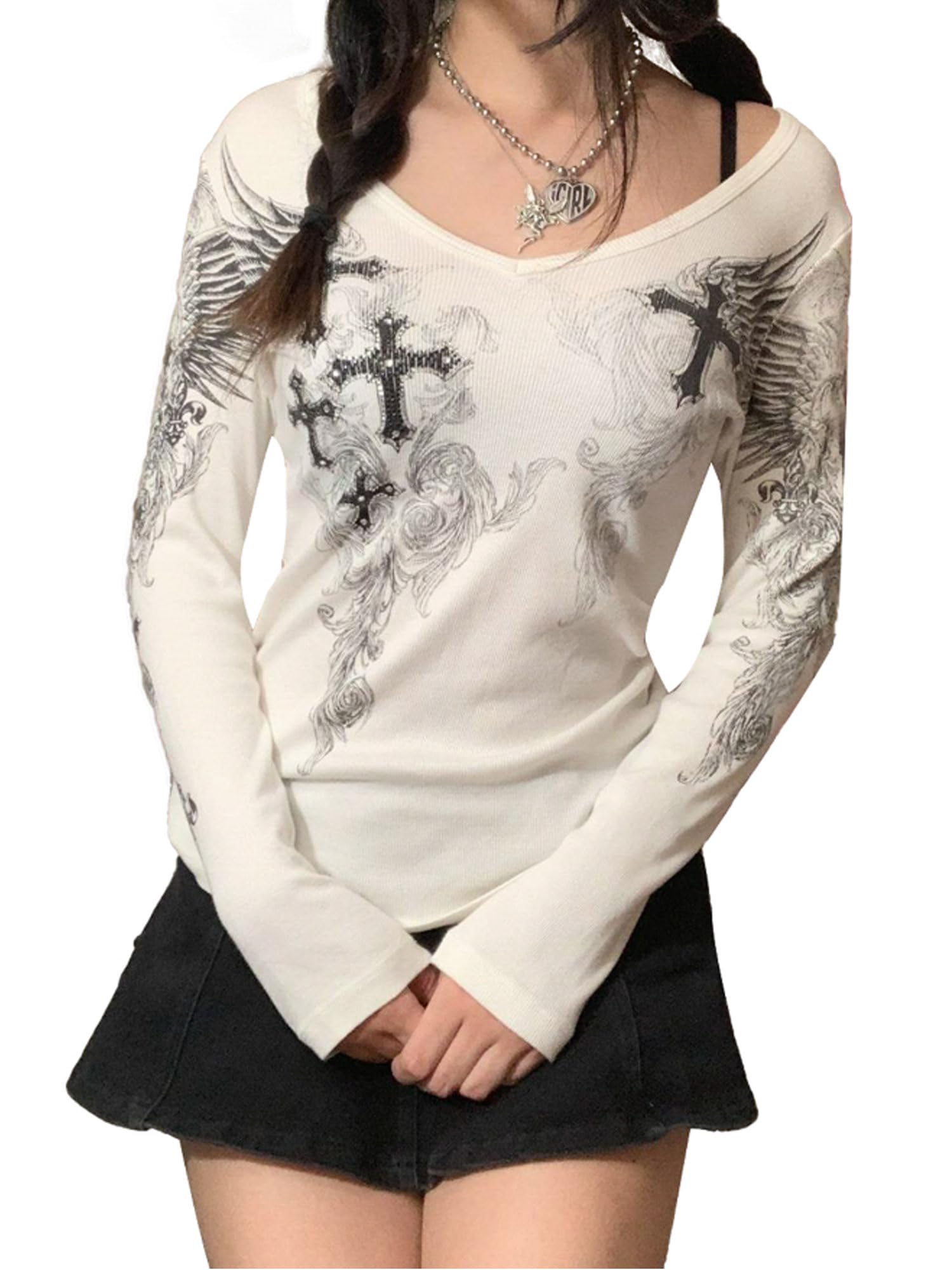 YILEEGOOWomen Y2K Long Sleeve Tops T Shirt Gothic Cross Wings Print Patchwork V Neck Basic Tops Shirt Vintage Fairy Grunge Streewear