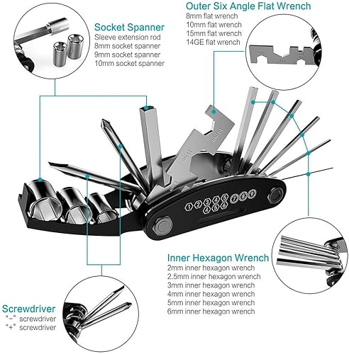 Miniatura 2 de Kit de herramientas de reparación multifunción para bicicleta y ciclismo con 16 en 1, bolsa de sillín de bicicleta, mini bomba de bicicleta de 120