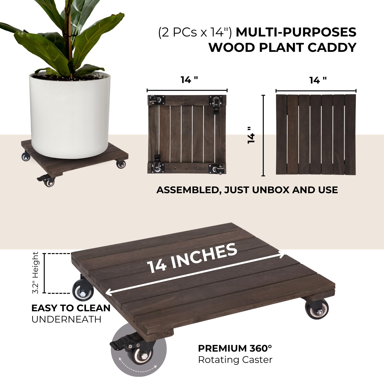 Timberholm 2PCs Heavy Duty Wood Plant Caddy with 360° Lockable Wheels Square Rolling Plant Stand for Large Indoor Outdoor Patio Pots (Square-Walnut-14 INCH)