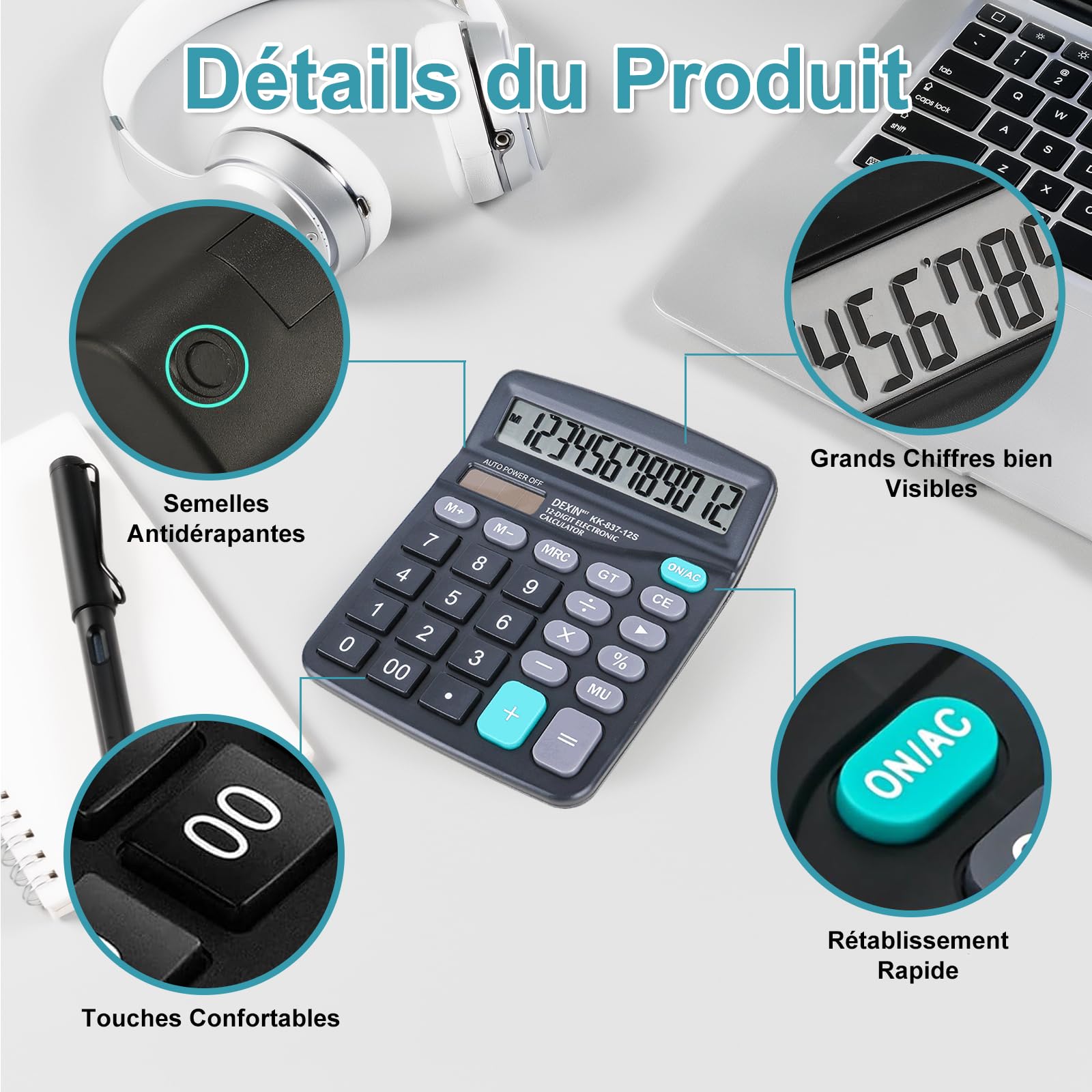 Calculatrice de Bureau 12 Chiffres Écran LCD Solaire et Batterie Grands Boutons Noir Bleu Ciel