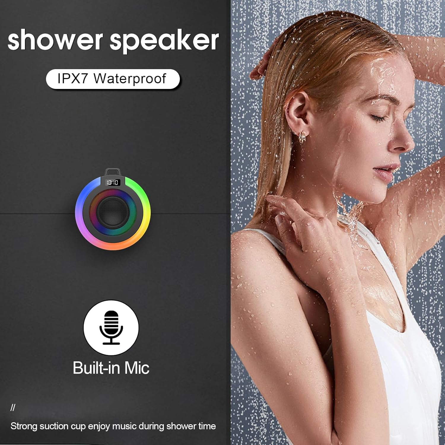 Bluetooth Shower Speaker, Portable Bluetooth Speaker Stereo Sound with Suction Cup/Lanyard, Built-in Mic, IPX7 Waterproof Wireless Speakers Bluetooth 5.4 for Bathroom/Party/Beach/Gift, Black - Image 2