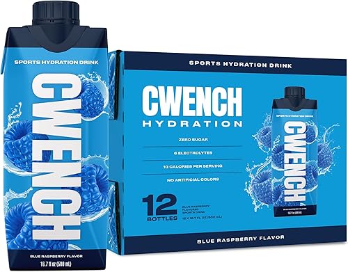 CWENCH HYDRATION Bebida deportiva con electrolitos lista para beber, sabor a frambuesa azul, bebida de hidratación sin azúcar con vitaminas B, 6