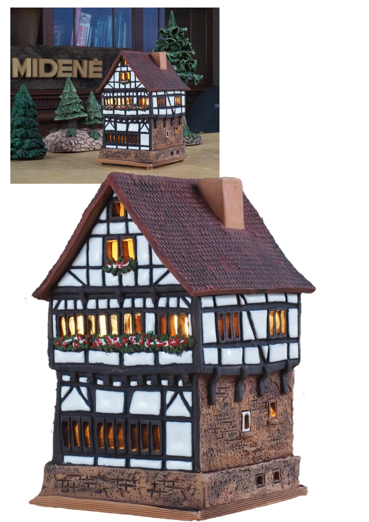 Ceramiczny domek świetlny, świecznik na herbatę, miniaturka artystyczna, stary gotycki dom w Gelnhausen, Niemcy, A227AR