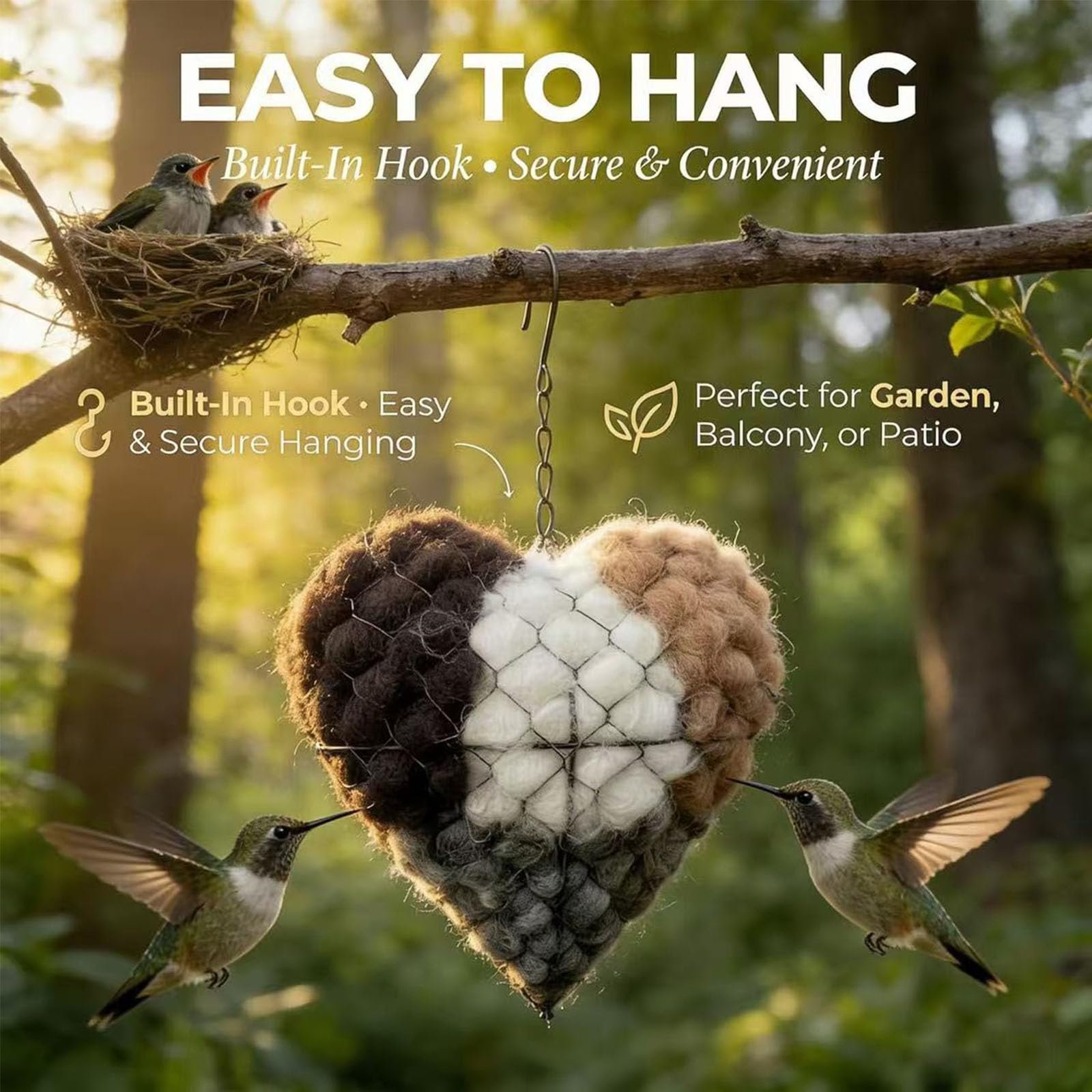 Nidificazione a forma di cuore in fibra di alpaca, supporto per uccelli selvatici, colibrì, casa e giardino, decorazione artistica