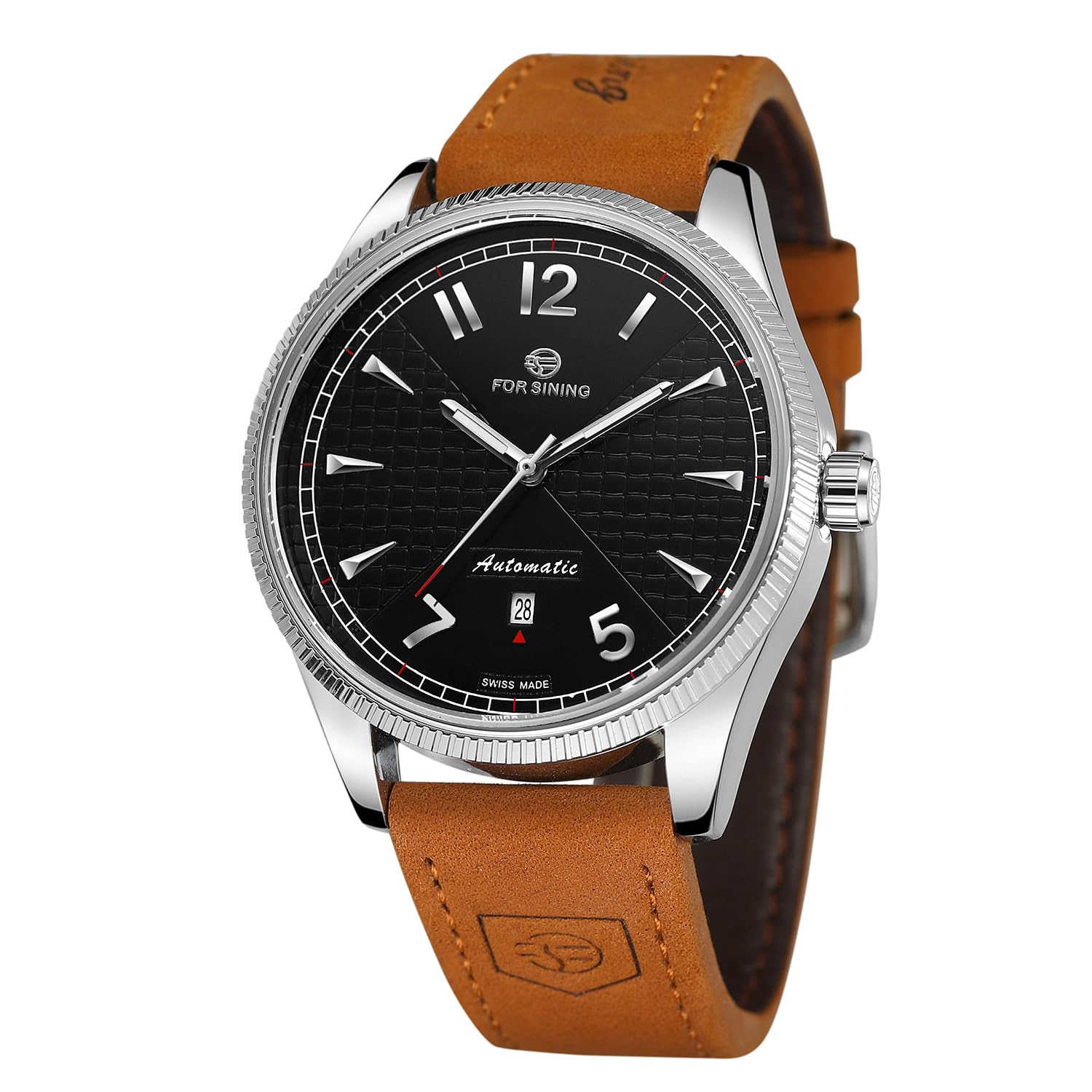 FORSINING Herren-Armbanduhr mit mechanischem Handaufzug, analog, Sport-Stil, mit Lederband, Schwarz , Armband