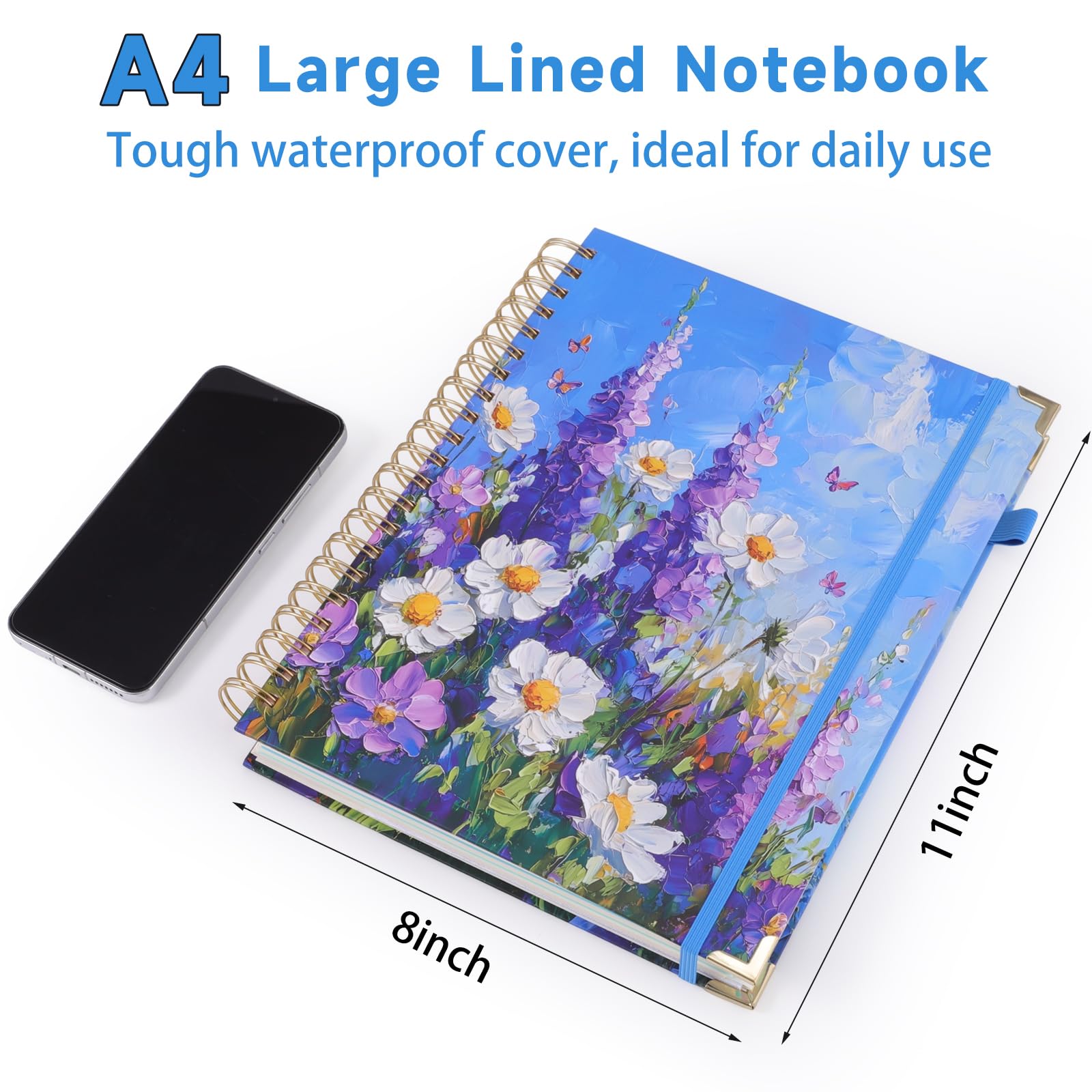 Thboxes 280 Pages Large Spiral Lined Notebooks for Work, 5 Subject A4 Journal Notebooks with Dividers Tabs Pockets 8''x 10'' College Ruled for Women Men Study & Office Organization,Purple flowers