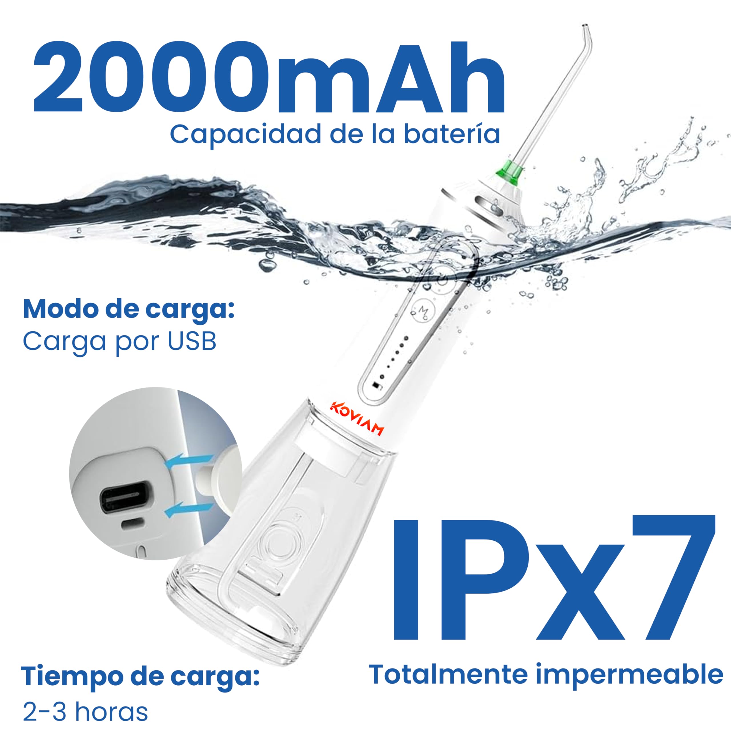 Irrigador bucal portátil con 5 Modos de potencia y 6 boquillas, 1200 Pulsos/min, IPX7, Carga USB-C, Boquilla 360°, Bola Gravitatoria, Limpieza Dental Profunda, Ortodoncia y Encías