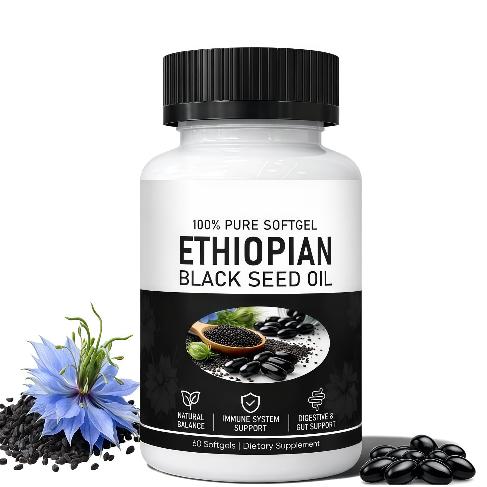 Ethiopian Black Seed Oil, Cold-Pressed from Pure Black Cumin Seeds, Rich in Thymoquinone, Non-GMO, Gluten-Free, 60 Softgels