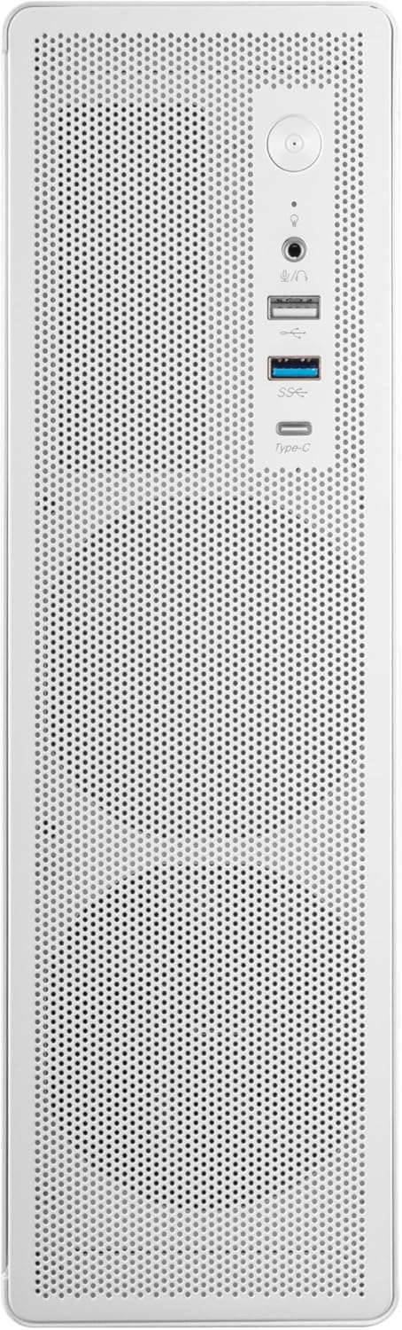 Close-up of the Tacens AEROSLIM500 PC case front panel, showing power button, USB ports (USB-C, USB 3.0, USB 2.0), and audio jacks.