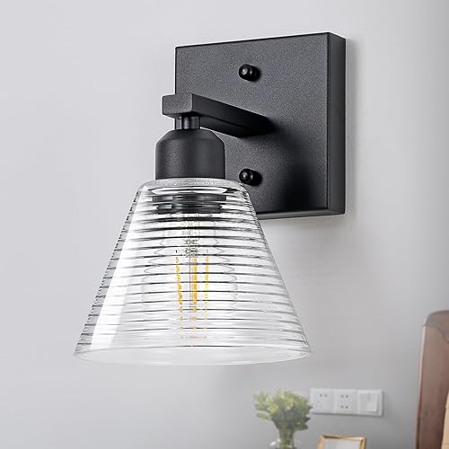 Lámpara de tocador de baño de 1 luz, accesorios de iluminación de baño modernos negros con pantalla de vidrio transparente, apliques de pared de