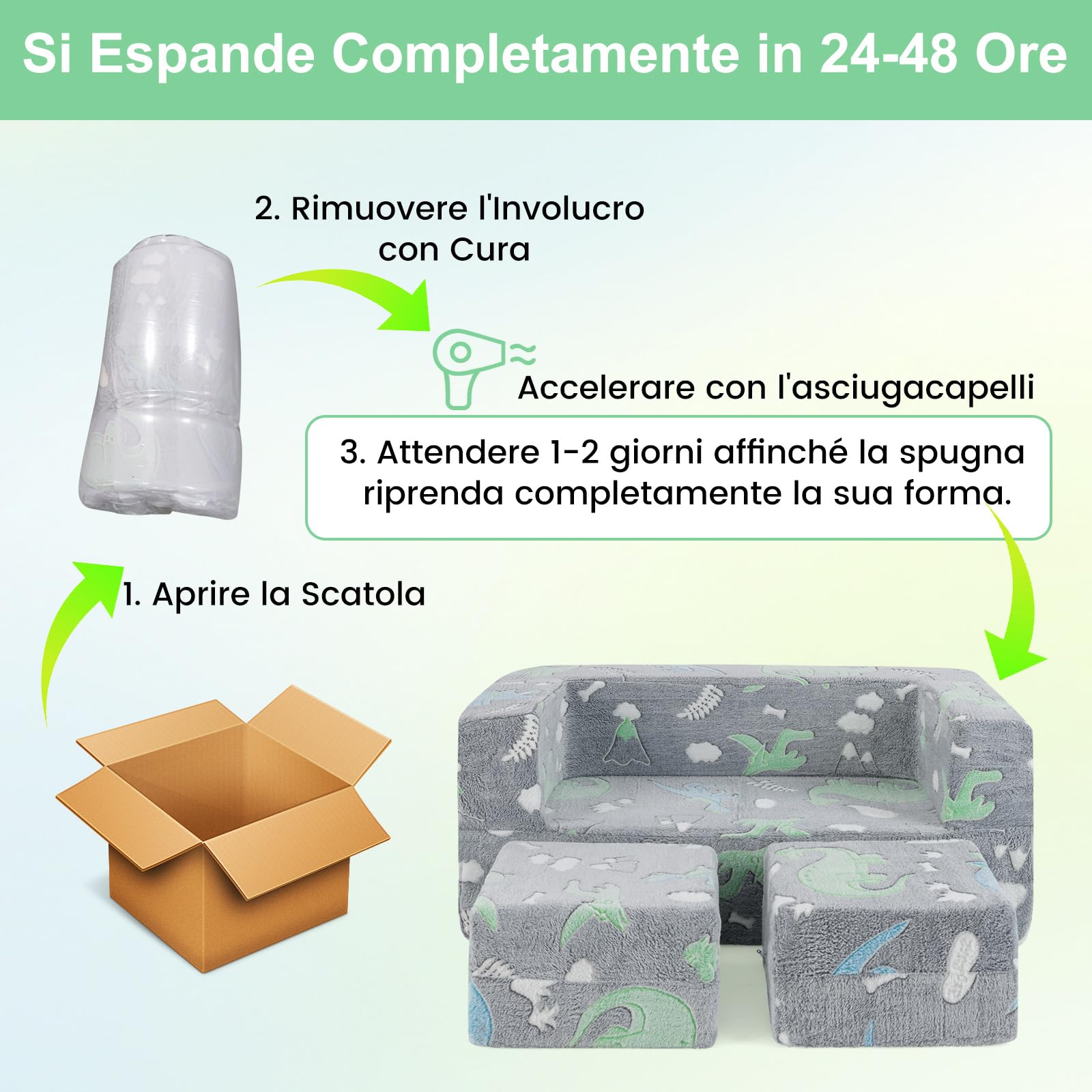 COSTWAY Divano Pieghevole 3 in 1 per Bambini Brilla al Buio, Poltrona Bambini con Rivestimento in Flanella Rimovibile e Lavabile, Pouf per Cameretta (Dinosauro Grigio)