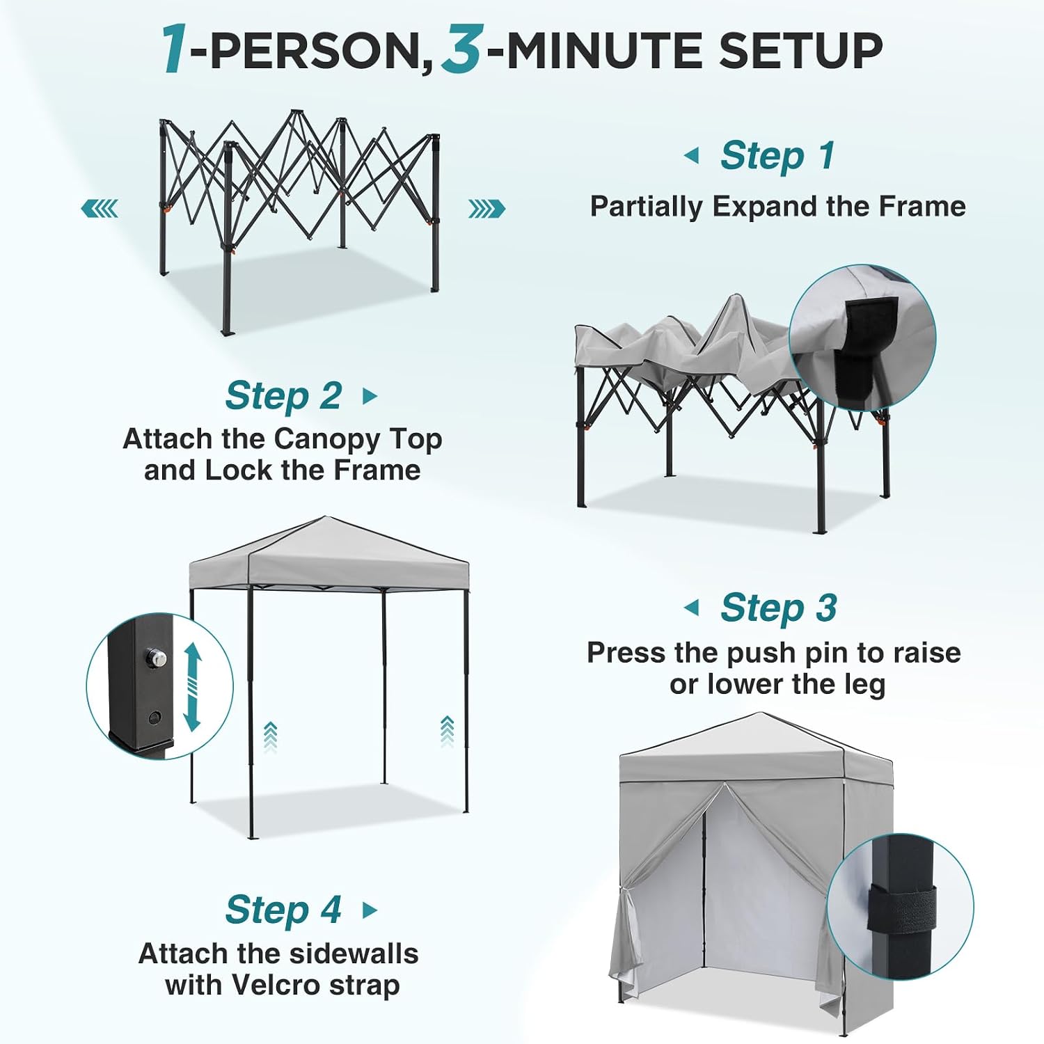 EAGLE PEAK 6x4 Instant Pop Up Canopy Tent with 4 Side Wall Panels, Straight Leg Sun Shelter, Portable Canopy with Carry Bag for Camping, Beach & Sports, Gray